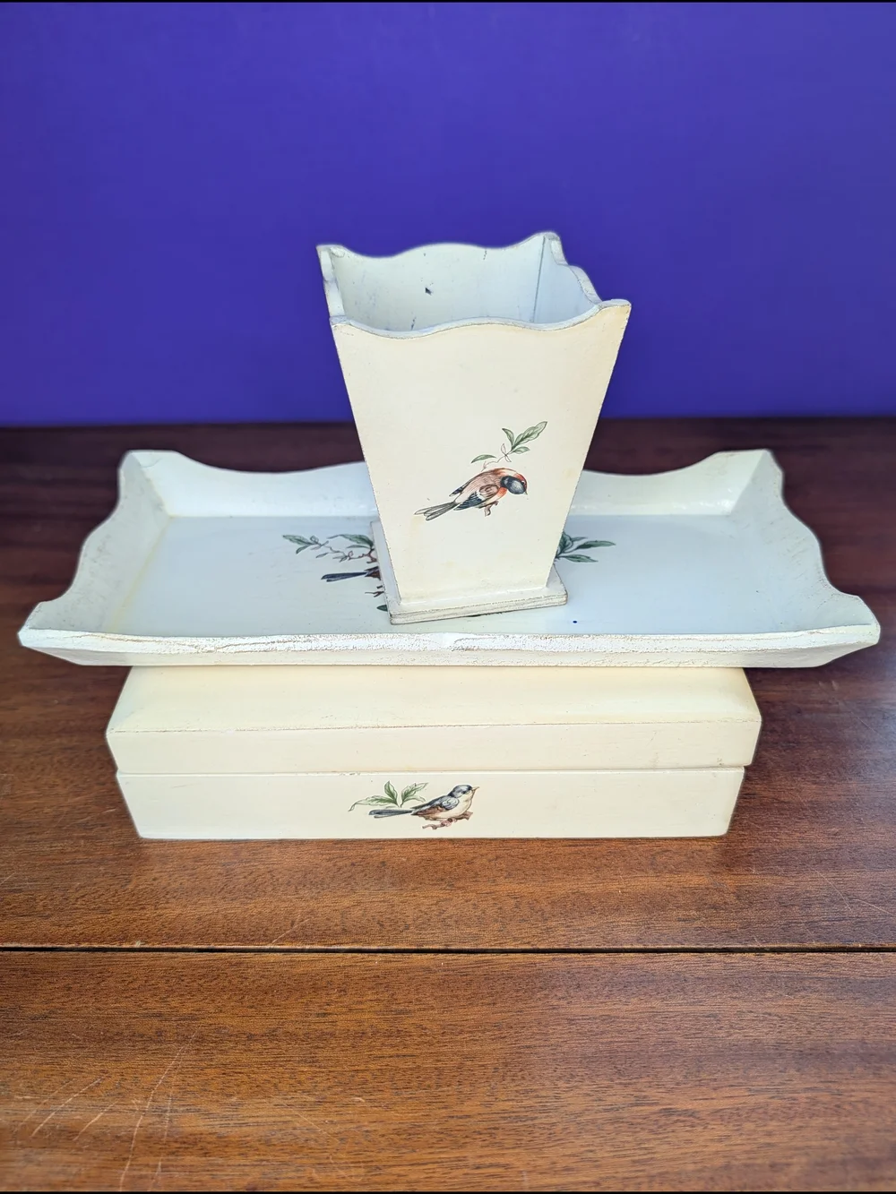 Vintage Italian Lacquered Wood 3-Piece Vanity Dresser Set Decoupage Bird Design